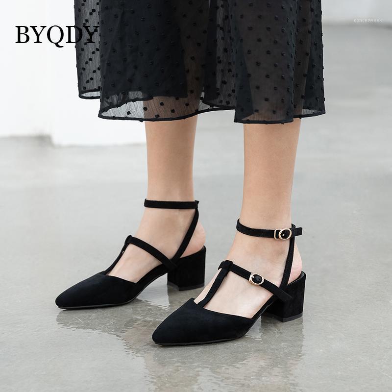 

BYQDY T-tied 6cm High Heels Woman Pumps Buckle Strap Flock Pointed Toe Thick Heels Pumps Shoes Female Casual Dress Work Shoes1, Black pumps