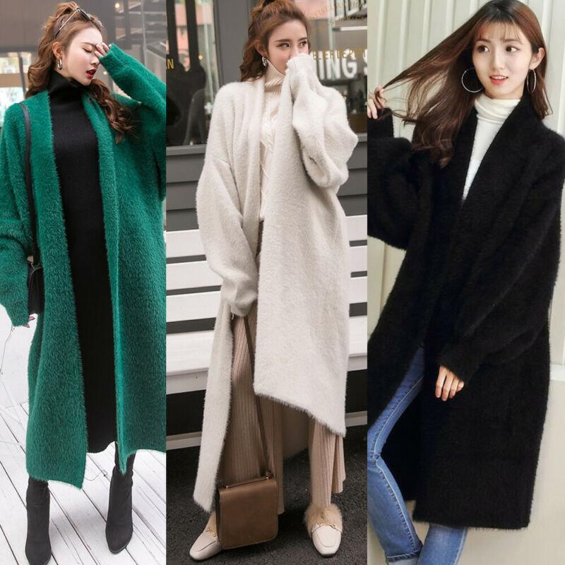 

Winter Warm Women Long Sleeve Sweater Solid Cardigan Ladies Long Loose Jacket Vintage Outwear Top Clothes Plus Size, Green