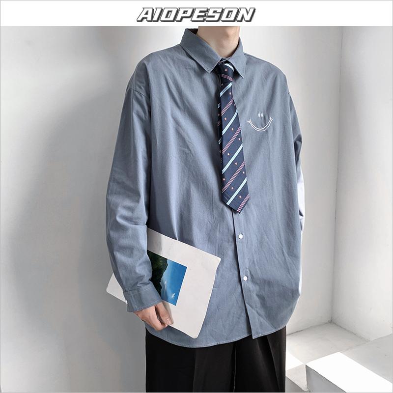 

AIOPESON 2021 New Printed Smile Shirt Men Harajuku Solid Color Single Breasted Streetwear Male Shirt Spring Casual Men's, Black