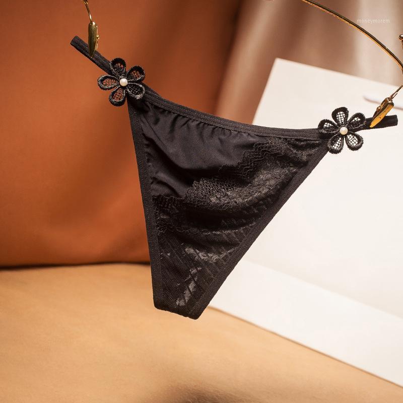 

2021 Sexy Lingerie Ladies Nightwear G-string Embroidery Lace Flower Thong Thin Strap Sexy Silky Seamless Brand Design Panties1, Black