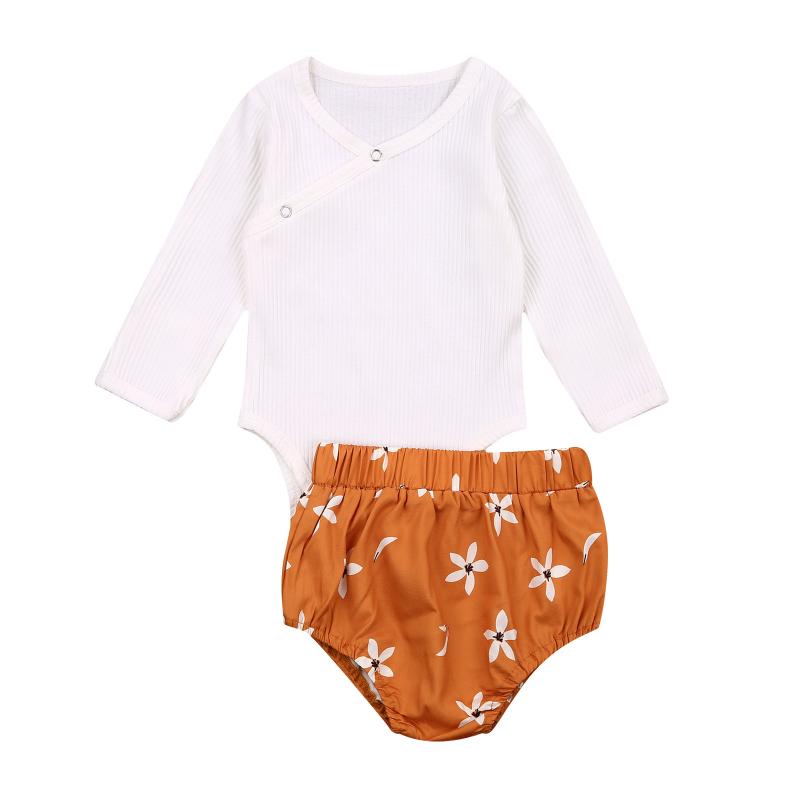 

Baby Girls Two-piece Clothes Set White V-neck Solid Color Bodysuits+ Yellow Floral Printed Pattern Shorts Baby Boy Clothes, As pic