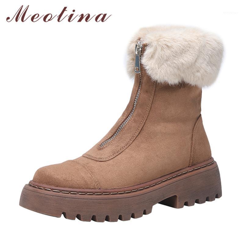 

Meotina Cow Suede Snow Boots Women Shoes Real Leather Platform High Heel Ankle Boots Zip Block Heels Fur Lining Short 401, Black