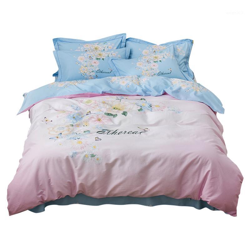 

Blue and Pink Flower Daisy Bedding Set  King Size 100% Cotton Fabric Print Duvet Cover Bed Sheets Pillowcase1