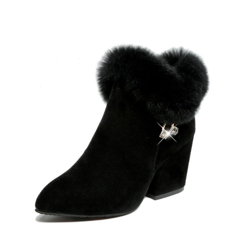 

Fashion boots women fur Winter warm Pointed Ankle Boots Sexy Rhinestone Decoration Zipper women comfortable female shoes, Black