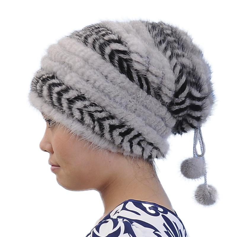 

Beanie/Skull Caps Natural Real Hat Women Winter Warm Ear Protection Fashion Stripes Big Cap 2021 Design R5, White