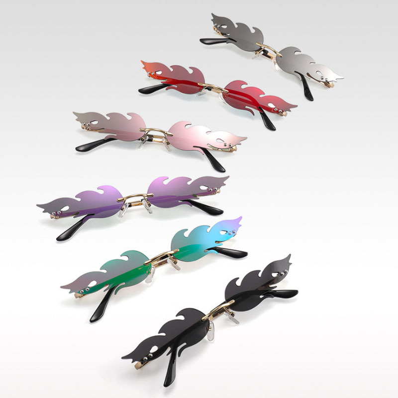 

New 2020 Rave Festival Fire Flame Sunglasses Women Men Bar Fashion Wave Eyewear Decorative Rimless Vintage Colorful Mercury Glasses2021