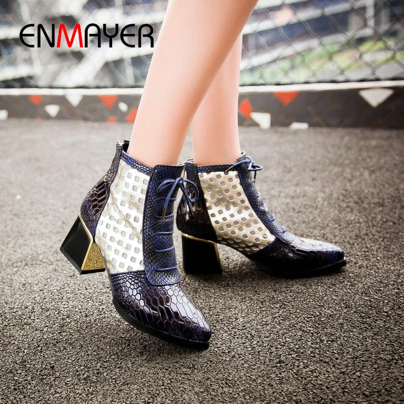

ENMAYER 2020 Women Shoes Square Heel Short Plush Basic Round Toe Lace-Up Patchwork Women Boots Zipper Ankle Boots 34-43, Brown
