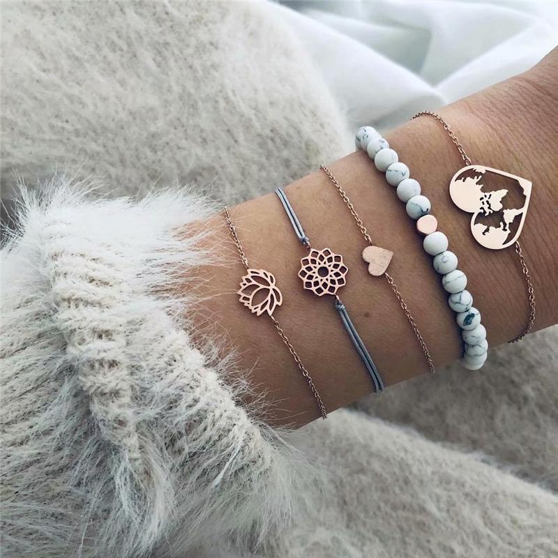 

2020 Geometric Hollow Out Lotus Beaded Bracelets & Bangles For Women Fashion Heart Map Charm Chain Bracelets Female Bijoux New