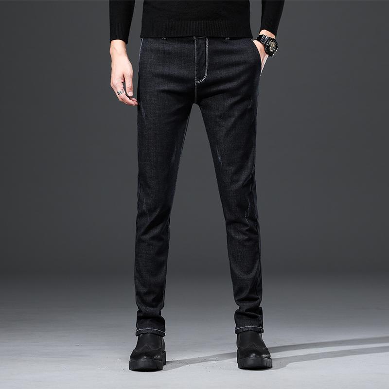 

Winter Men's Jeans 2020 New Warm Slim Fit Business Fashion Thicken Denim Trousers Black Blue, The black jeans