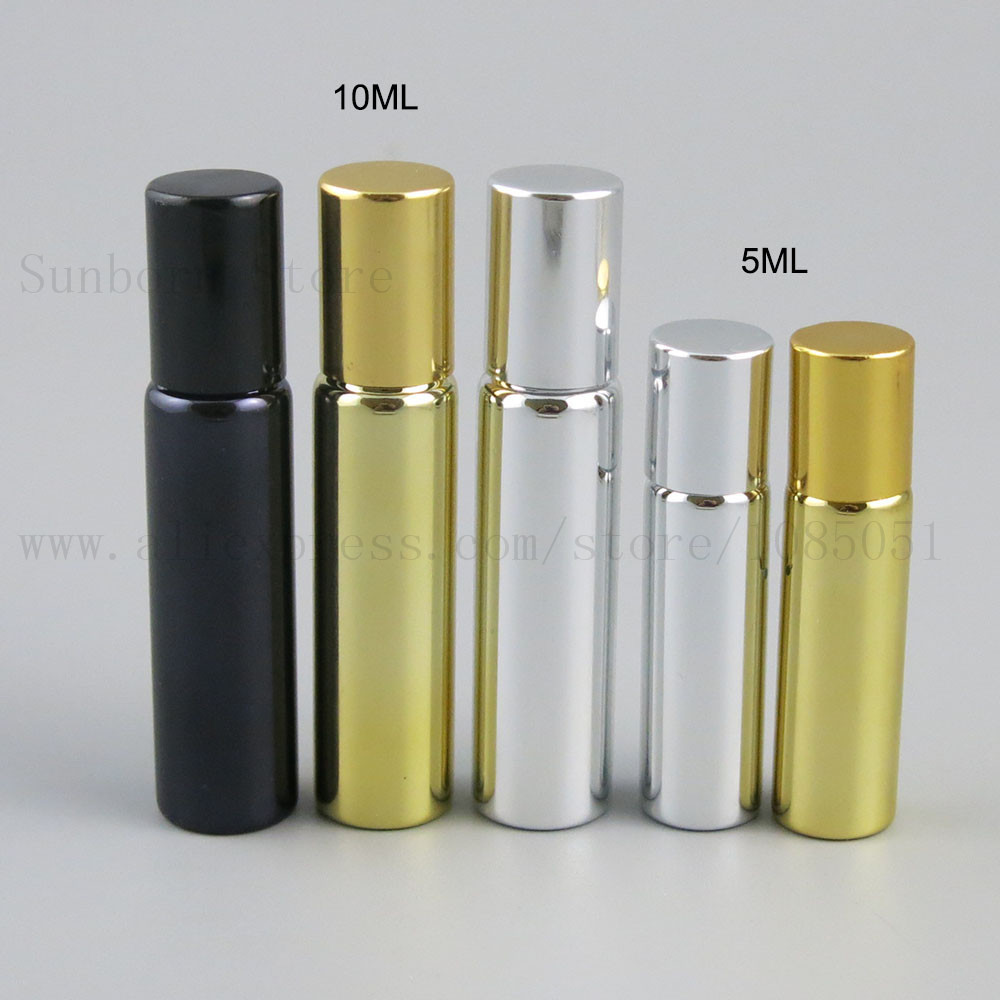 

12pcs UV Gold Silver Refillable Glass Roll On perfume bottle 5cc 10cc Cosmetic deodorant containers