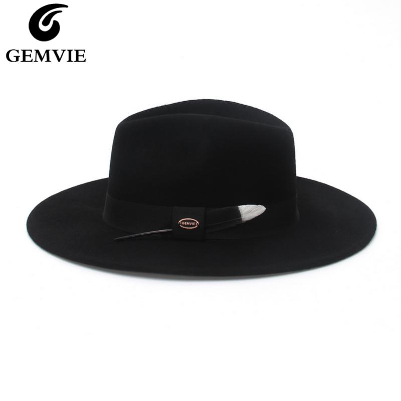 

GEMVIE New Wool Felt Stiff Wide Brim Fedora For Man Striped Feather Band Autumn Winter Panama Jazz Cap For Women, Black