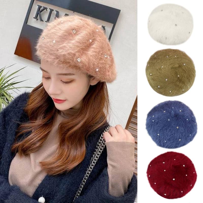 

Women Winter Fuzzy Plush Beret Cap Rhinestone Pearl Beading Painter Beanie Hat 2XPD, Pink