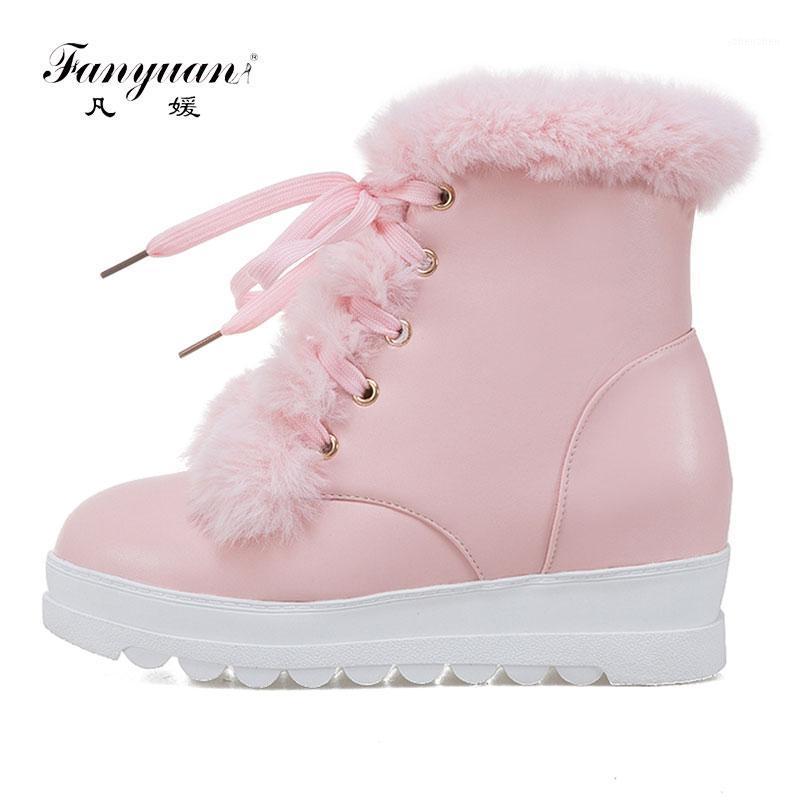 

Fanyuan Hot Sale Shoes Women Boots Solid Lace up Soft Cute Women Snow Boots Round Toe Flat with Winter Fur Ankle1, White