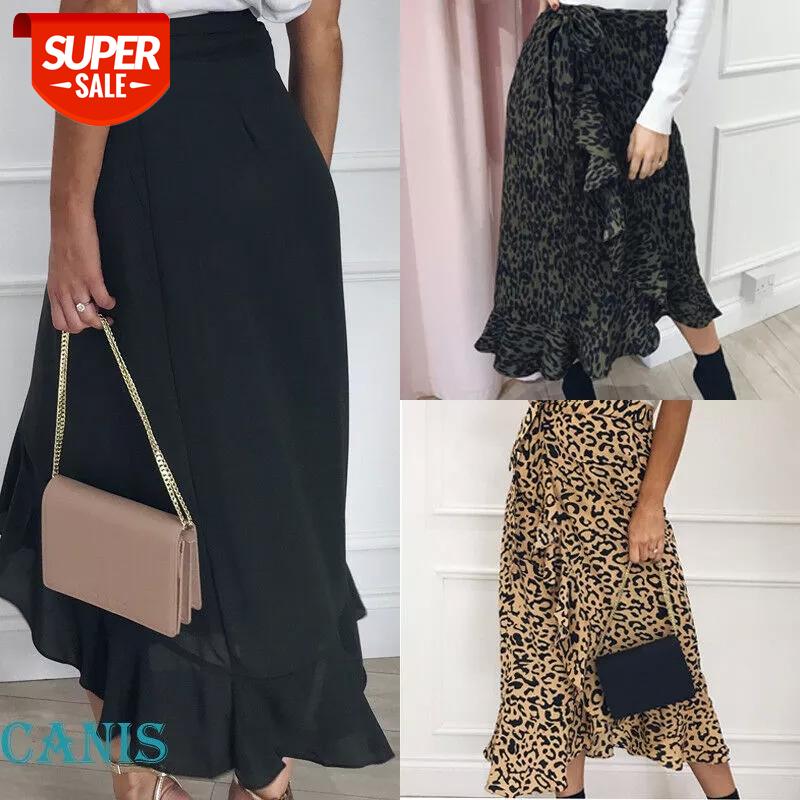 

Meihuida 2019 Fashion Leopard Print Bandage Long Ruffles Asymmetrical Skrits Hot Women's Sexy Long Sleeve Skirt Faldas De Mujer #370A, White;black
