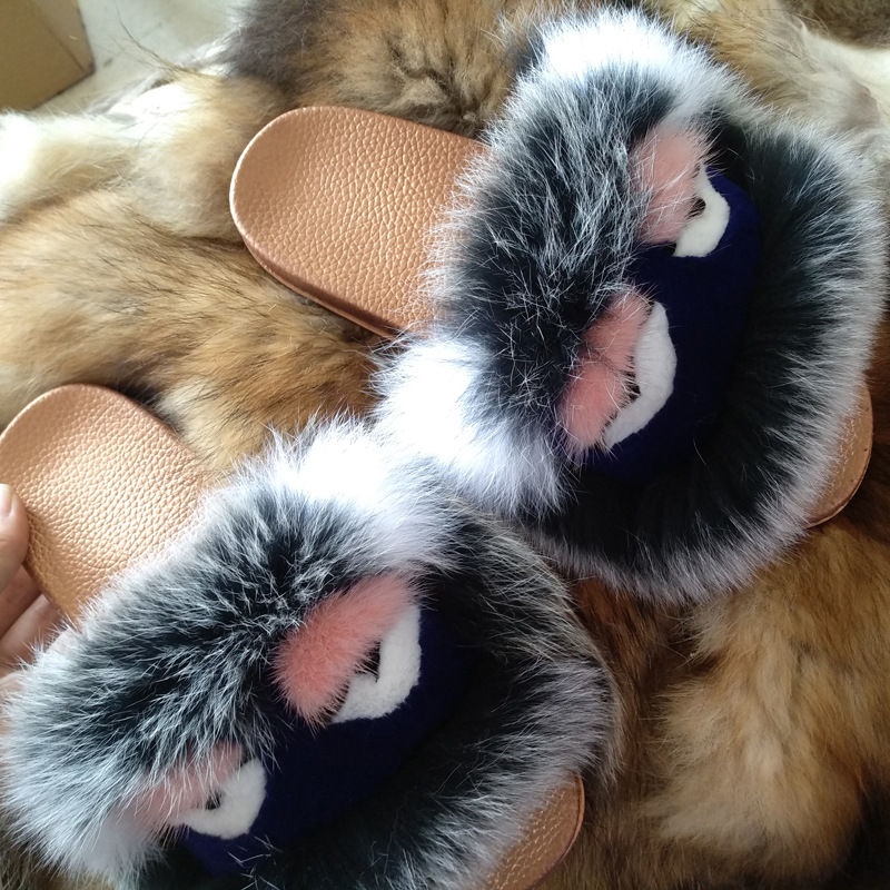 New ins colorful cartoon animal 21 colors fashion designer casual real fur flat slides slippers for women men girls