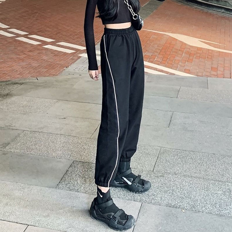 

2021 New High Women Jogging Women's Sports Fashion Loose Stripe Streetwear Pants Plus Size Ladies Sportwear Pant 2618, Black