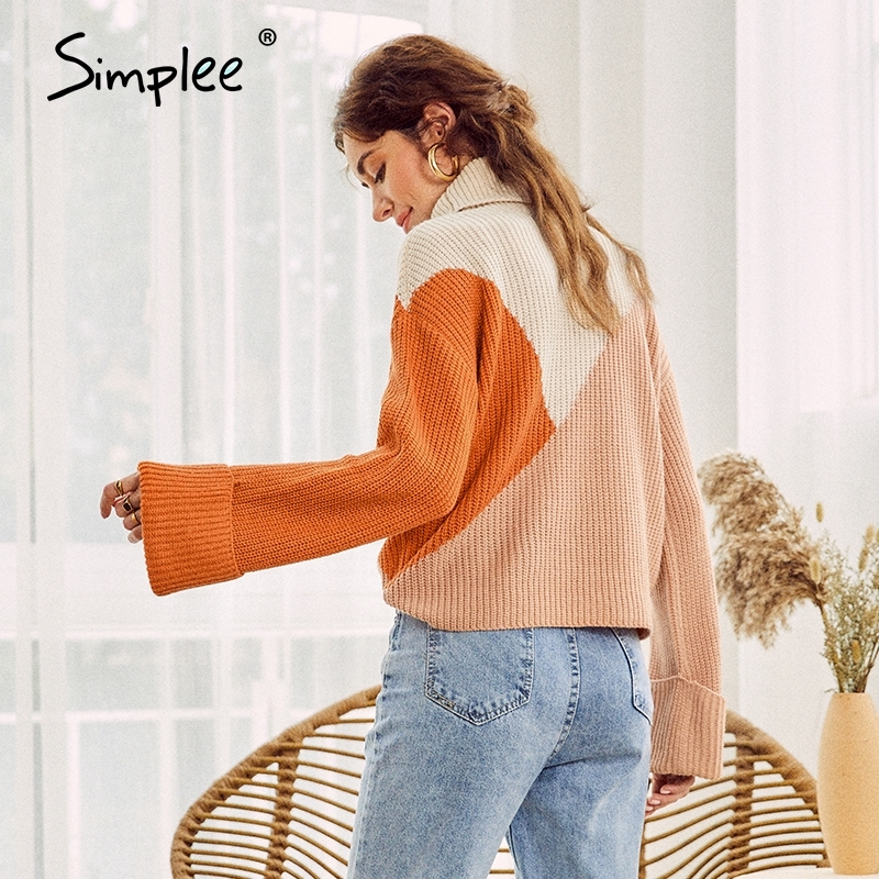 

Simplee turtle winter pullover woman sweater harajuku patchwork sweaters women knitted high fashion female loose jumper 201203, Pink