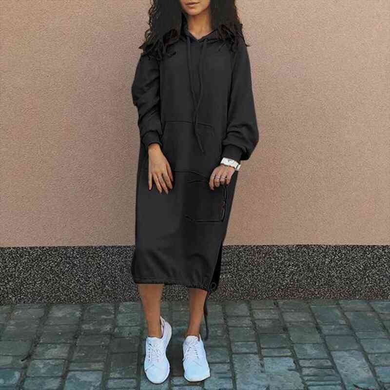 

stylish women hooded dress solid color side split autumn winter female long sleeve large pocket sweatshirt hoodie streetwear, Black;gray