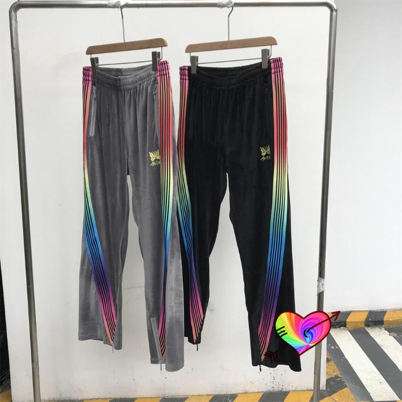 

Men's Pants Rainbow Color Side Stripe Needles Men Women Embroidered Butterfly AWGE Track Velvet Sports Trousers, Black