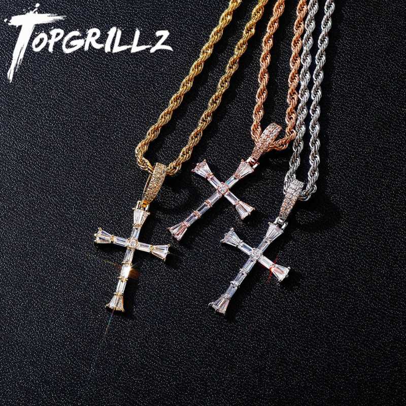

TOPGRILLZ Men Women Fashion Cross Pendant Necklace Copper Material Iced Out Cubic Zirconia With 4mm Tennis Chain Hip Hop Jewelry