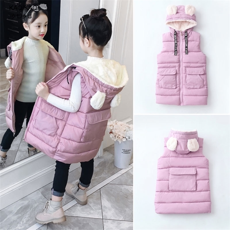 

Winter Kids Waistcoat Children Sleeveless Vest Warm Hooded Coat Teens Sleeveless Jacket Cotton padded Girls Clothes Rabbite 201106, Pink