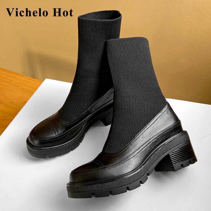 

Vichelo Hot knitting boots real leather british design platform round toe thick high heel slip on pretty girl mid-calf boots L99, Beige