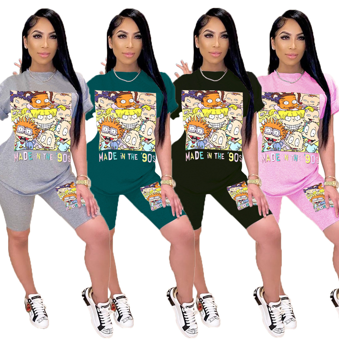 

Hot selling 2021 spring and summer Outfits women's Cartoon printing two piece sets fashion loose short sleeve round neck top shorts suit, Gray