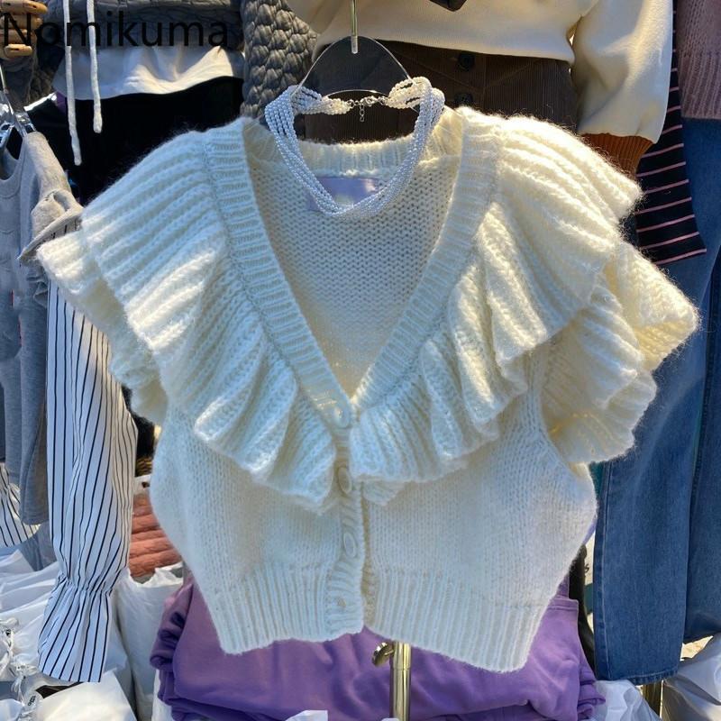 

Nomikuma Causal Ruffle Knitted Sleeveless Vest Korean V-neck 2020 Autumn Winter New Sweater Cardigan Women Knitwear Tops 6D142, Blue