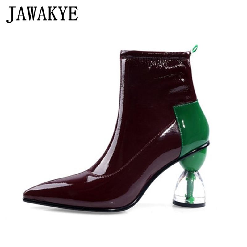 

Autumn patchwork leather Boots women transparent clear cup high heels Short boots ankle women Zapatos mujer 2020 botas, Black