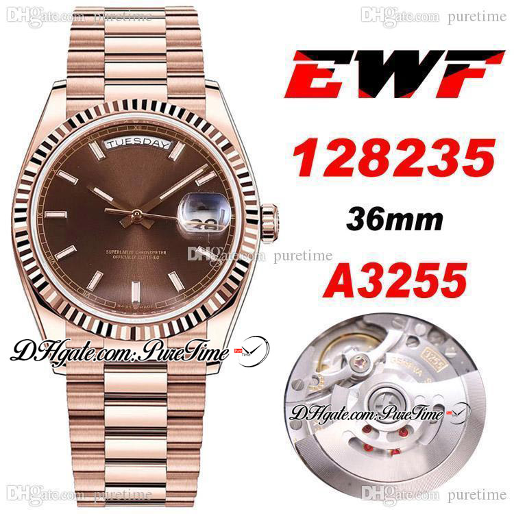 

EWF Day Date 36mm 128235 A3255 Automatic Mens Watch 18K Rose Gold Brown Dial Stick Markers Steel Bracelet New PTRX 2021 New Puretime x58c3, Accessories