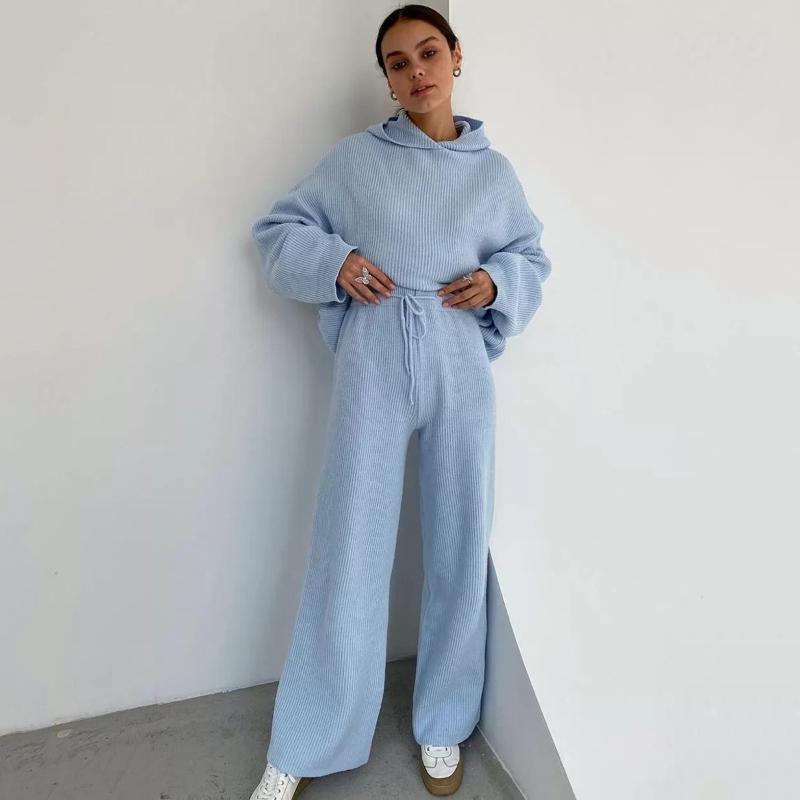 

Jastie 2021 Autumn Winter Women' tracksuit Solid Color Hooded Long Sleeve Sweater Elastic Trousers Suits Knitted Two Piece Set, White