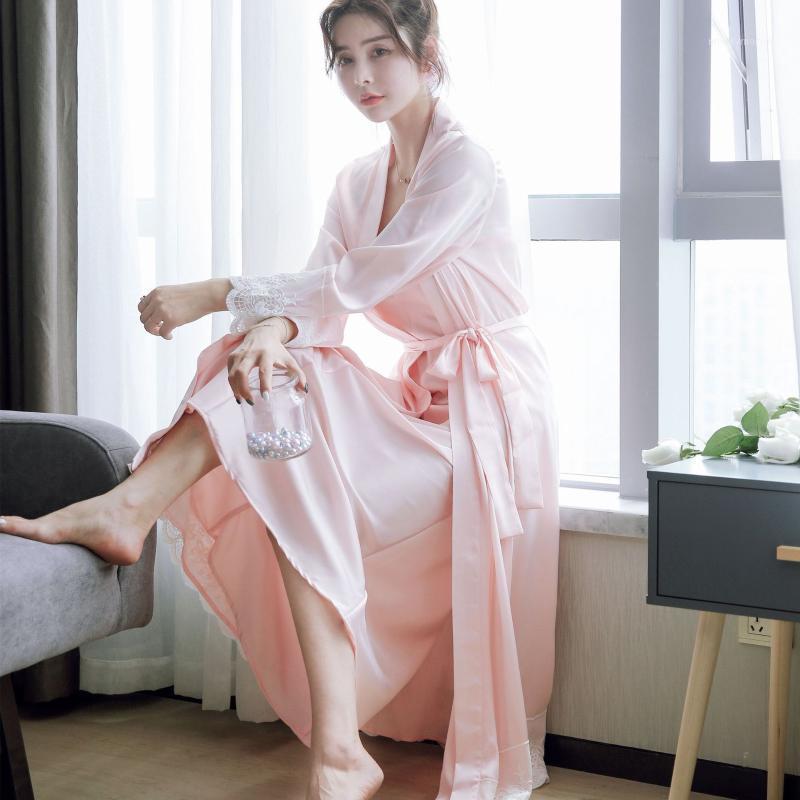 

Women High Elastic Nightgown Elegant Luxury Solid Satin Lace Robe Sets Long Sleeve Sexy Night Dress Two Piece Sleep Sleepwear1, Pink