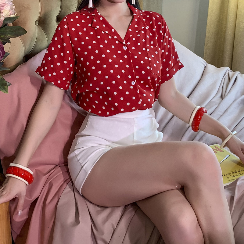 

2021 New Vintage Summer Kind of Color Shirt Women Block Fresh Cloth Blouse  Fits All TKC0, Red