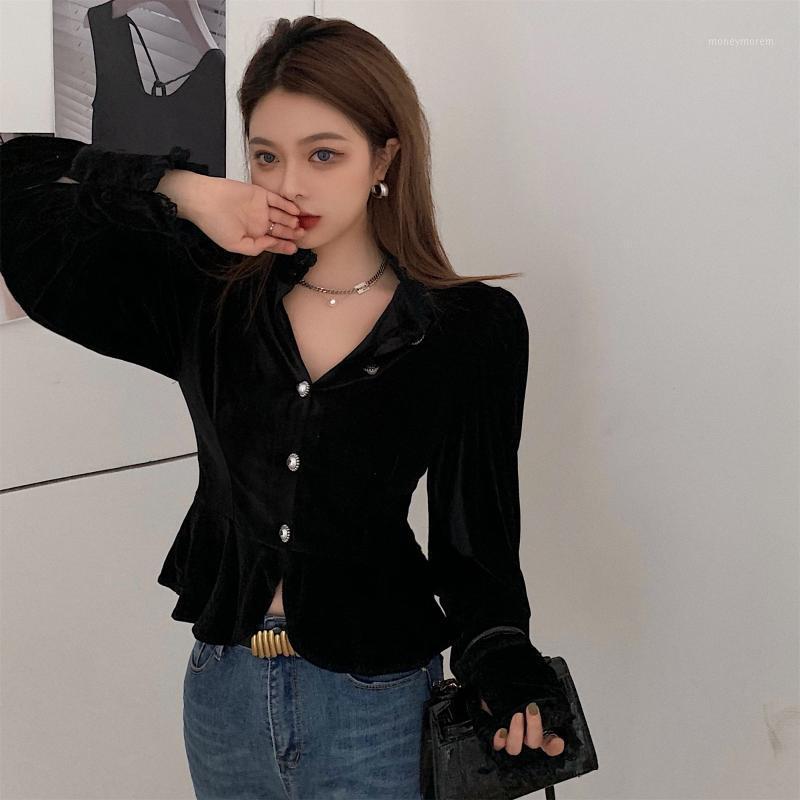 

Autumn and winter retro corduroy lotus leaf stitching puff sleeve shirt single-breasted blouse female1, Black