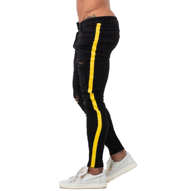 

GINGTTO Black Skinny Jeans Homme Denim Stretch Slim Fit Jeans Brand Biker Style Classic Hip Hop Ankle Tight Taping Male zm68 201111
