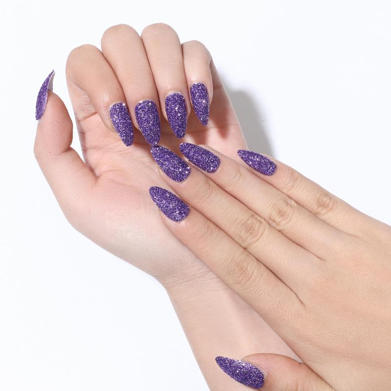 

24PCS Full Cover False Nails with Glitter Decorated Sparkling Dust Crystal Shiny Fake Nails Oval Head Lady Finished Fingernail, 13