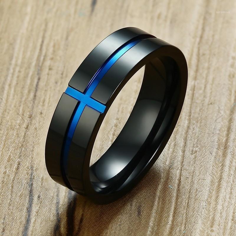 

Mens Stainless Steel Party Rings Blue Groove Croos 6mm Wedding Band Male Alliance Jewelry1
