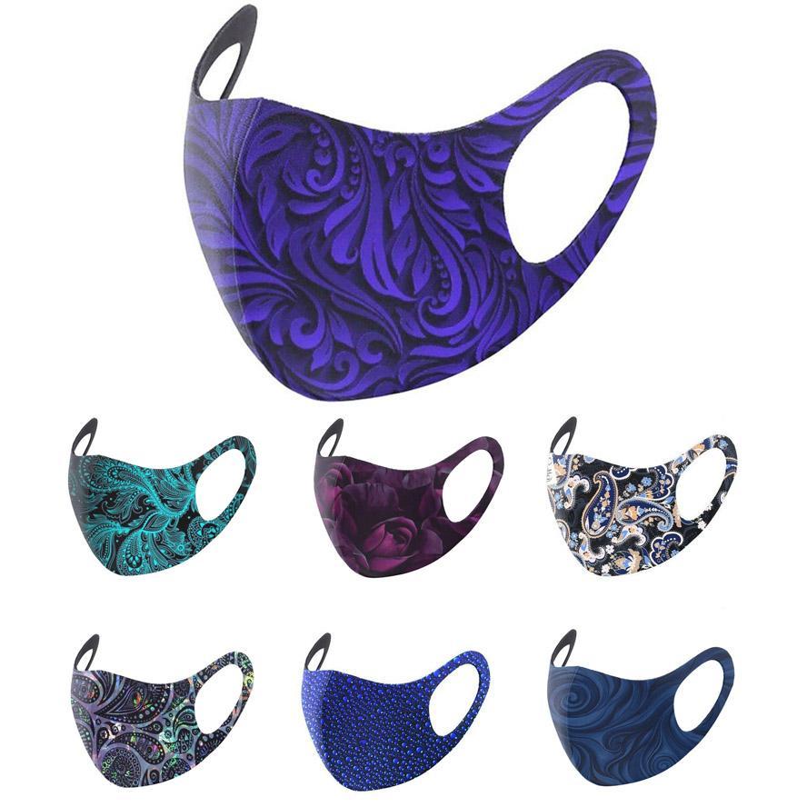 

2021 new fashion designers face masks blue foreign trade hot style breathable ice silk multicolor printing thin section washable waist mask