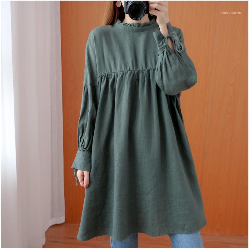 

Aransue Female Spring Autumn Pure Color Shirt Lace Up Casual Midlle Long Tshirt Linen Top Free Shipping1, Army green