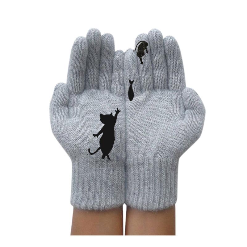 

Full Finger Mittens Men's Gloves Winter Women Ladies Woolen Gloves Outdoor Warm Cat Printing Women Streetwear