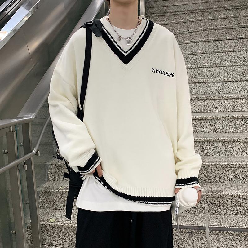 

Oversized V-Neck Sweater Men Casual Autumn Winter Warm Sweater Pullover Male Loose Male Sweaters, White