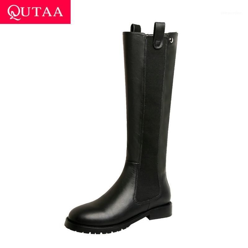 

QUTAA 2021 Knee High Women Boots Casual Round Toe Slip on Women Shoes Cow Leather PU Fashion Square Heel Long Boots Size 34-391, Black-short