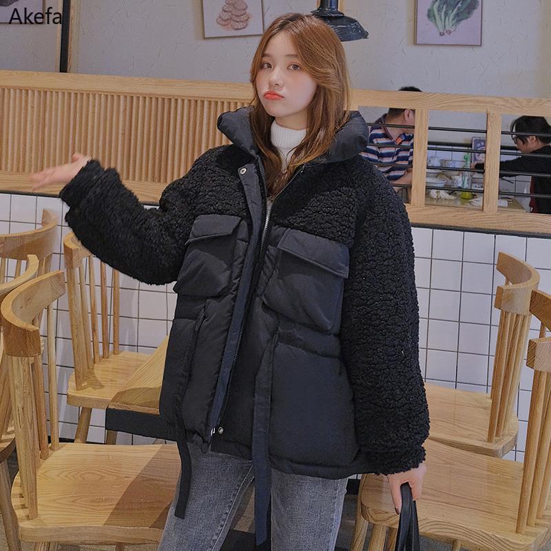 

2021 Women' Winter Jacket Oversized Solid Parkas Woman Stand Collar Cotton Padded Loose Thick Casual Female Cold Coat Outerwear, Black