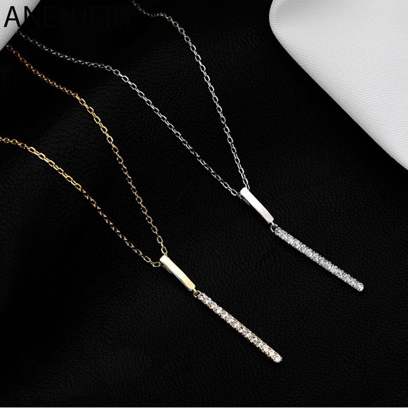 

ANENJERY 925 Sterling Silver Long Strip Necklace for Women CZ Clavicle Chain Fine Jewelry Gifts S-N739
