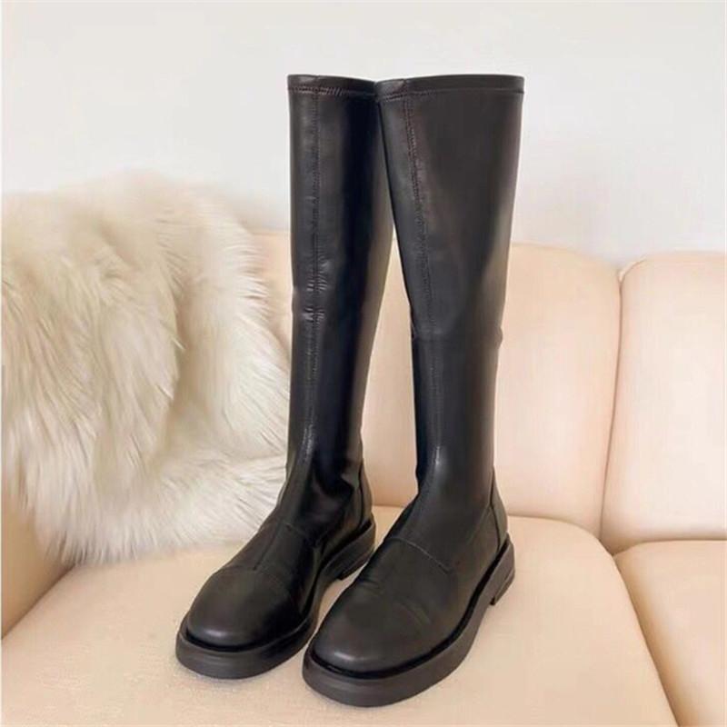 

2021 New Women Knee High Boots Stretch Leather Sock Boots Slim Fit Flat Botas Mujer Autumn Long Boot Casual Bota Feminina, Beige