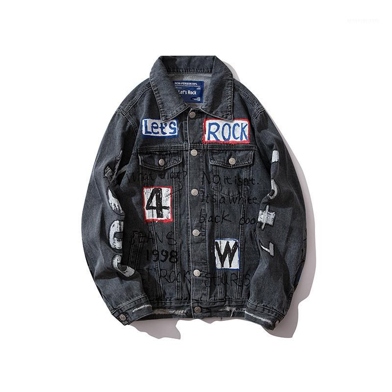 

KIMSERE Men Hi Street Hip Hop Rock Jean Jackets Fashion Graffiti Denim Trucker Jacket Printed Jean Outerwear For Male Streetwear1, Black