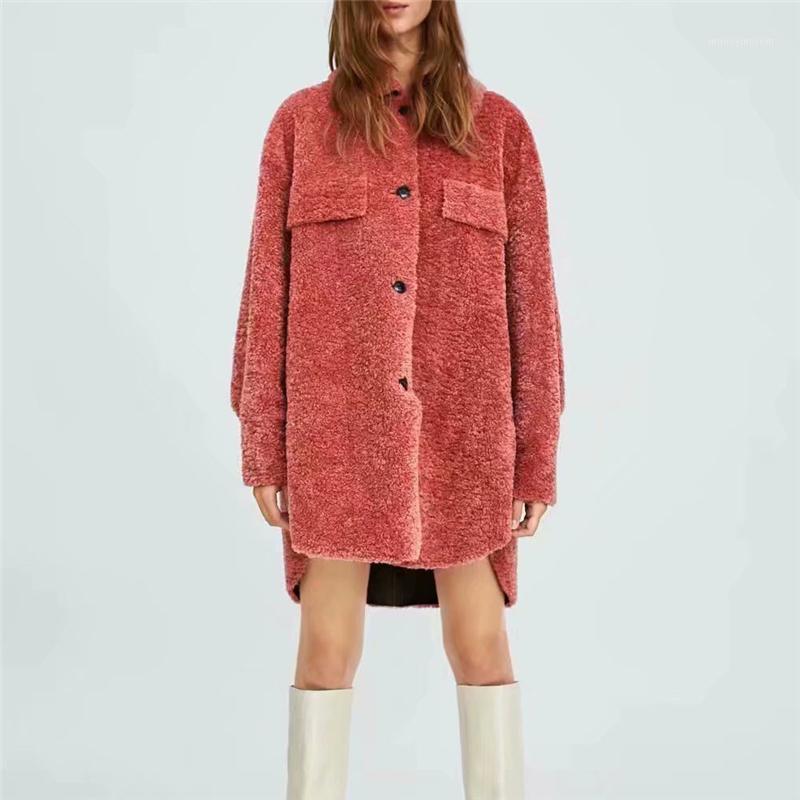

2020 New Autumn And Winter Shirt Female Fashion Suede Lapel Fleece Long section Coat Single-breasted Coat Ladies Tops High Grade1, Red