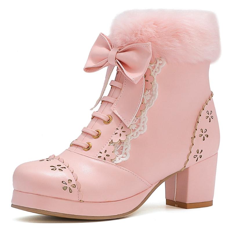 

female casual winter women shoes high heels brogue fur boots women cute sweet butterfly knot zipper ankle boots, White
