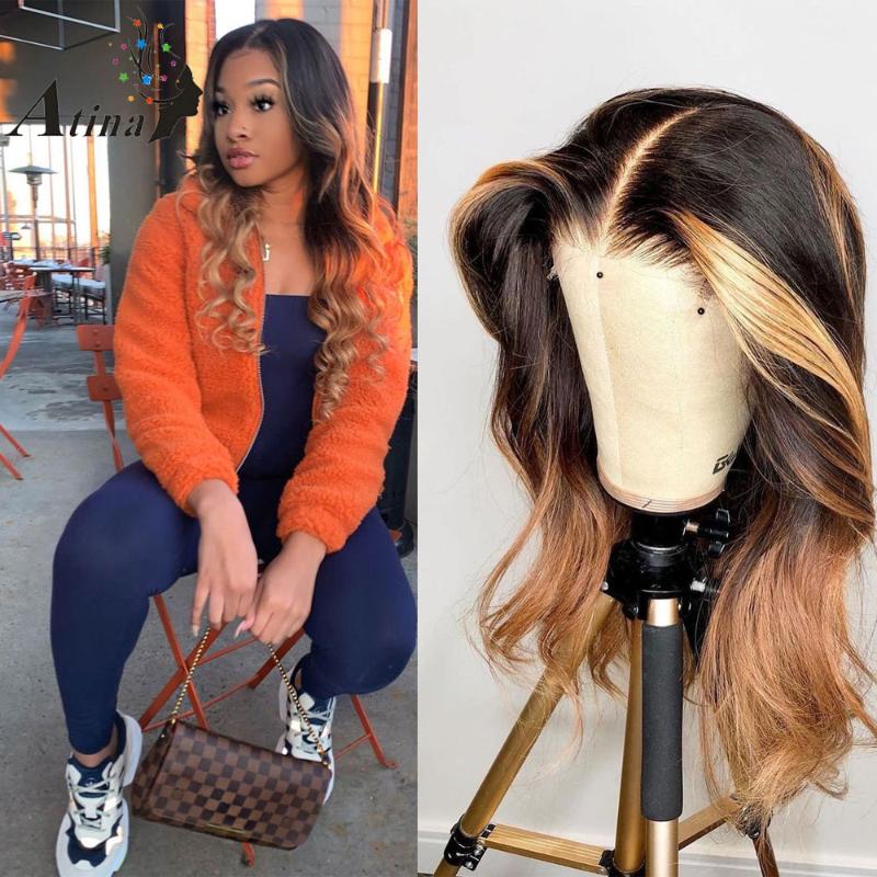 

Atina Ombre Colored Wavy Human Hair Wig Pre Plucked Brazilian Remy Bleach Knots HD Transparent Invisible Lace Front Wig 250%, As pic