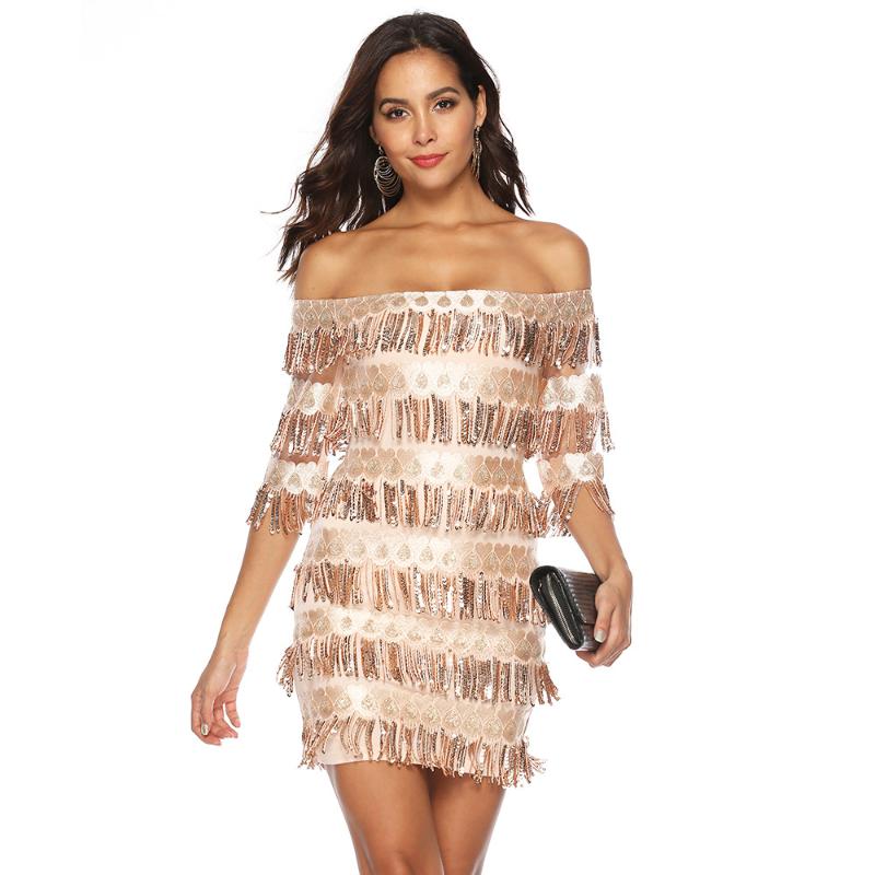 

Hot European and American women' wear one word collar three quarter sleeve tassel hip package sexy sequin dress party 1pcs/lot, As pic
